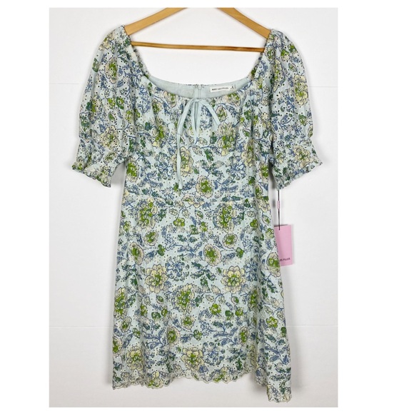 Avec Les Filles Floral Eyelet Puff Sleeve Mini Dress Size Medium Blue Green - Picture 10 of 10